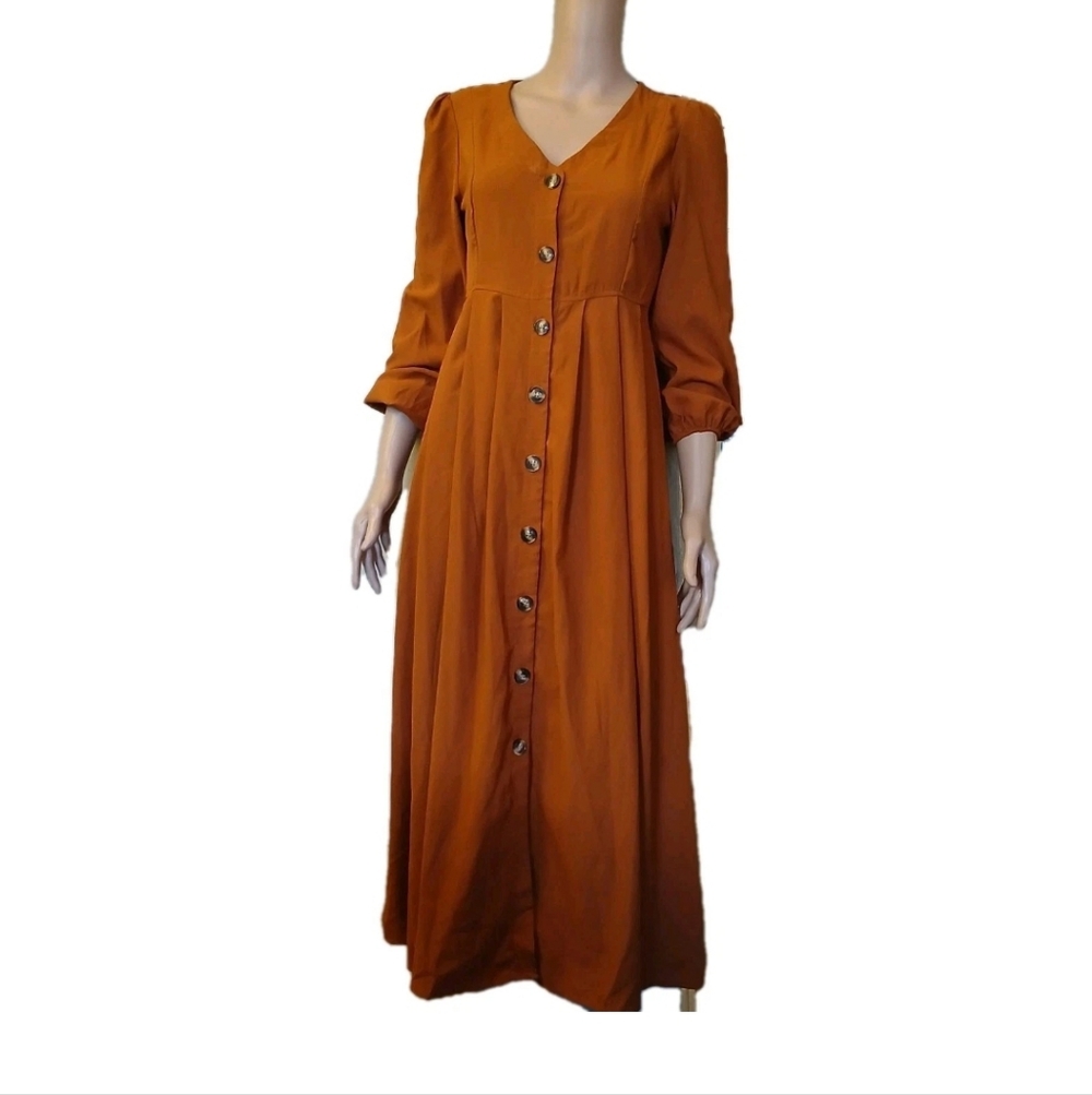 Womens Orange Button-Down Maxi Dress Long Sleeve Sz S